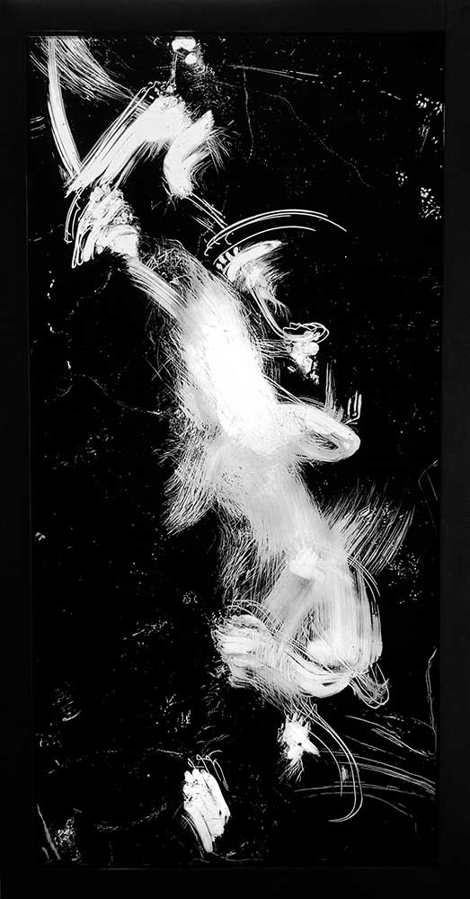 Badger: Mother and Child, Martin Prothero, animal-track carbon capture on glass, framed in black.