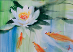 A Paul Riley watercolour of water lilies and goldfish, from the gallery collection.